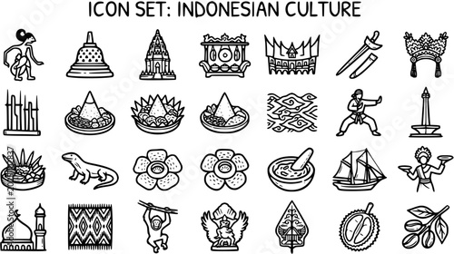 Fotografie Indonesian Culture Black and White Line Art Icon Set