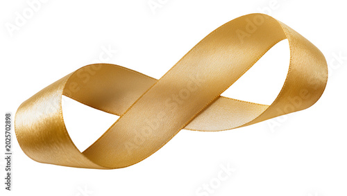 Schilderij op canvas Golden satin ribbon twisted into infinity symbol, isolated on transparent backgr