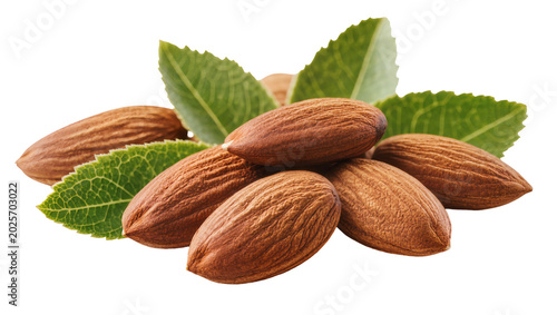Fotografía Brown almonds with green leaves, isolated on transparent background