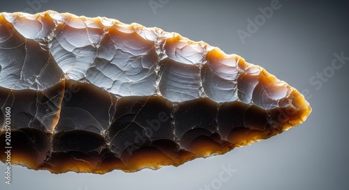 Macro view of a sharp prehistoric stone tool edge, showcasing ancient flintknapping techniques and primitive technology from the stone age, technology, chipped, craft
