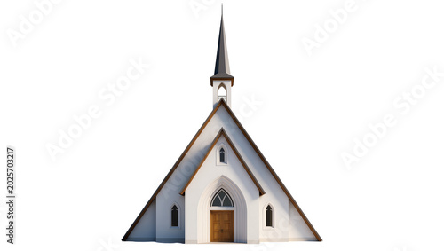 Konstfotografi White chapel with steeple and wooden door, isolated on transparent background