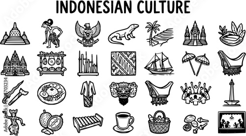 Cuadro en lienzo Indonesian Culture Icons Set: Traditional Symbols, Food, Landmarks in Black and