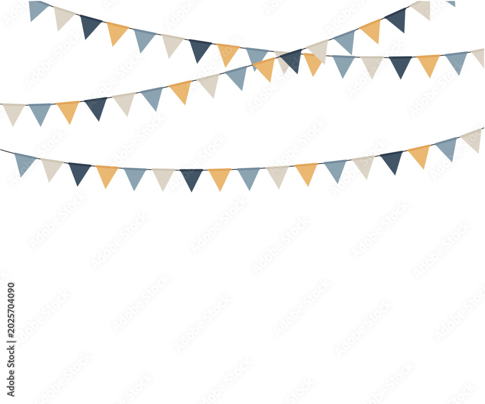 Fototapeta premium Guirlandes de fanions festifs aux couleurs douces sur fond blanc. Idéal pour invitation, carte, affiche, anniversaire, fête, événement ou décoration.
