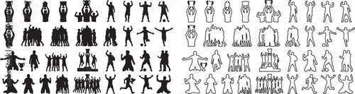 Winning sports fan silhouettes and cheering crowd vector set, black athletic people celebrating victory, soccer and football supporters collection
