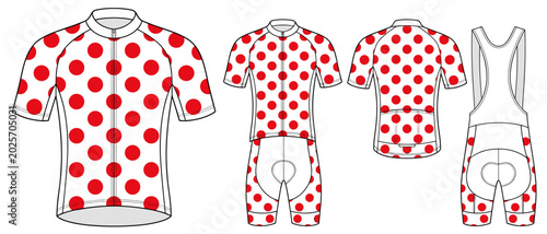 Red polka dot cycling jersey design template, white short sleeve bicycle uniform with transparent background vector illustration
