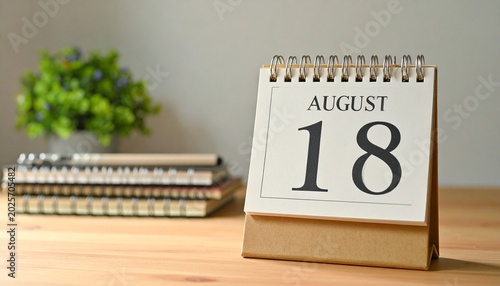 A desk calendar shows August 18 in bold red, resting on a wooden desk with books and papers, symbolizing time, organization, and productivity in a sunlit workspace.