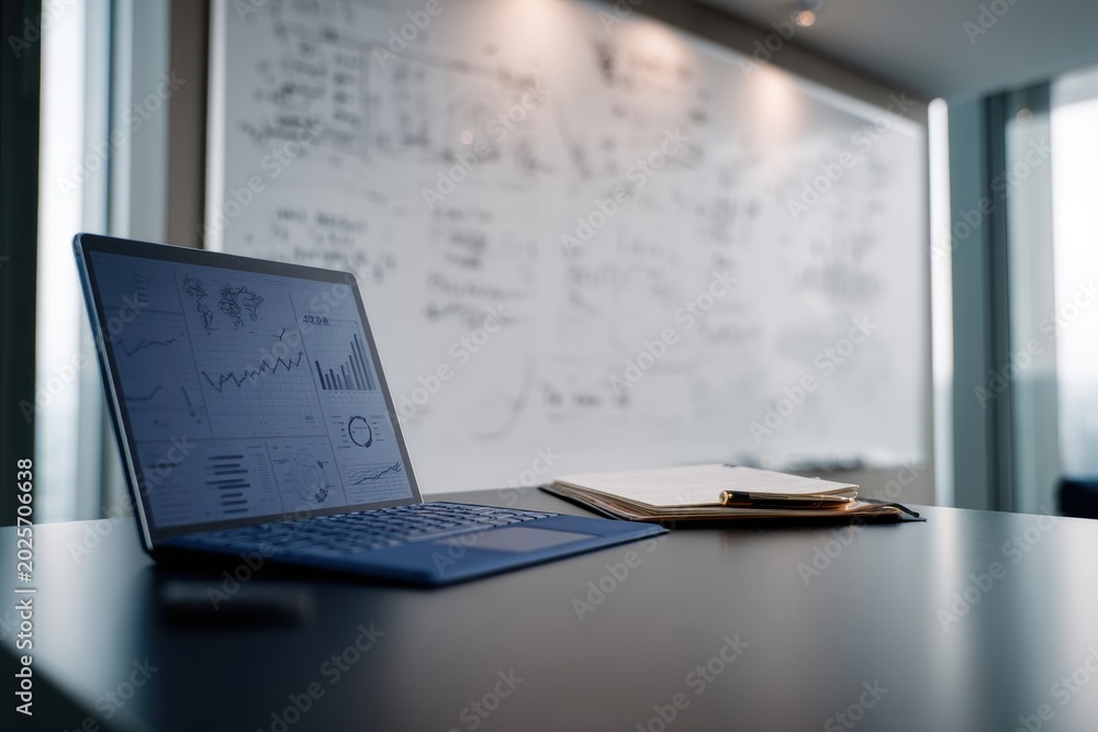 Obraz premium Laptop showing business data charts on screen in office. Market research analysis and financial report on computer. Strategic planning and professional data visualization in workspace.
