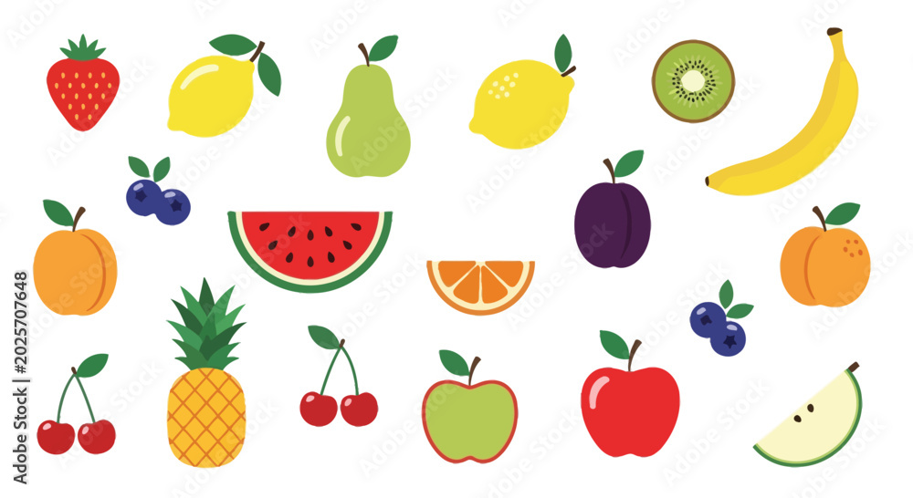 Obraz premium Assortment of colorful, flat-style fruit on a white background, strawberry lemon pear kiwi banana