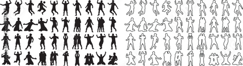 Foto Dancing people silhouettes and outline icons set, party crowd vector collection,