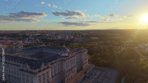 Aerial view of Royal Palace. Madrid. Spain. Medieval Buildings Landscape. Santa Maria Cathedral.