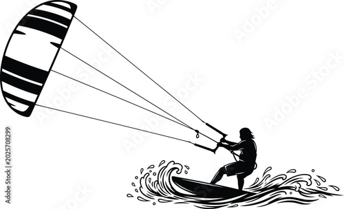 Kitesurfer on wave, black silhouette on white background, kitesurfing parasailing