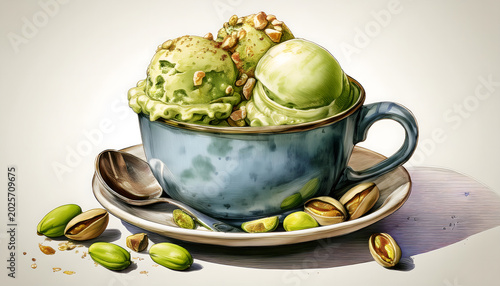 Pistachio ice cream scoops in a blue ceramic cup with nuts
