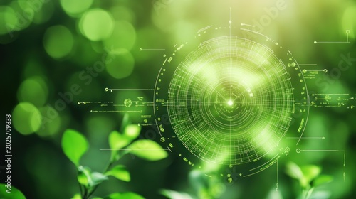 A digital overlay of circular patterns on a green blurred background, symbolizing nature and technology.