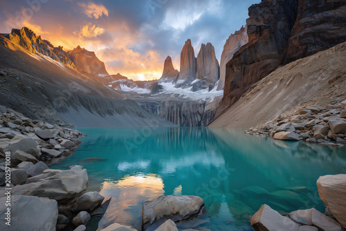 Torres del Paine, Chile. Majestic Granite Spires Reflected In Patagonian Lake.