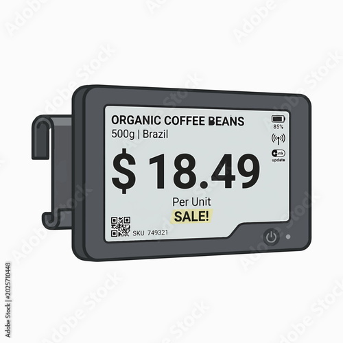 Digital shelf label displaying Organic Coffee Beans for $18.49, with sale and QR code. Features connectivity icons and battery indicator.