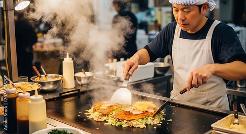 Japanese chef skillfully prepares okonomiyaki, a savory pancake, on a hot griddle. Steam billows around the cooking dish, highlighting the culinary process.
