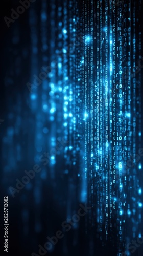 Abstract digital background featuring cascading binary code in blue tones, creating a futuristic and technological atmosphere with glowing elements