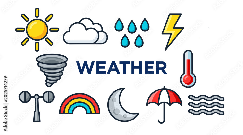 Fototapeta premium Weather Icons Set Isolated on White Background, Simple Outline Meteorology Vector Symbols, Sun Cloud Rain Lightning Tornado Thermometer Wind Measuring Tools Vector Illustration