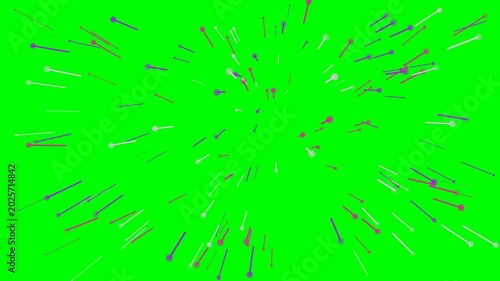 Dynamic burst of small, multicolored lines radiates outwards from the center of a vibrant green screen, providing an energetic and customizable visual effect for various digital projects.