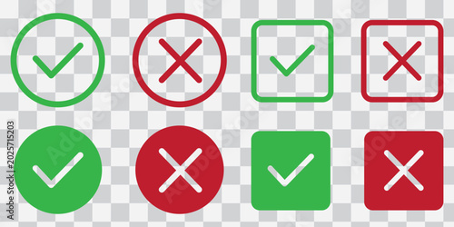 Check tick mark icon set. Cross box x check mark checkbox v list vector draw hand drawn sketch doodle brush marker checklist symbol wrong right circle. Vector Illustration. Red, Green, Black color EPS