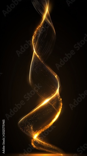 Abstract golden light swirl design on a dark background, featuring flowing lines and sparkling particles creating a dynamic visual effect