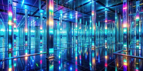 A mesmerizing, infinite reflection of vibrant, illuminated glass columns within a kaleidoscopic mirrored maze