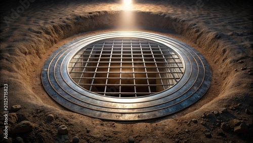 A Mysterious Metal Hatch in a Sandy Pit, Illuminated from Below, Suggests Hidden Depths and Intriguing Secrets