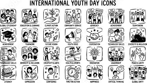 Foto International Youth Day Hand-Drawn Line Art Icons Set