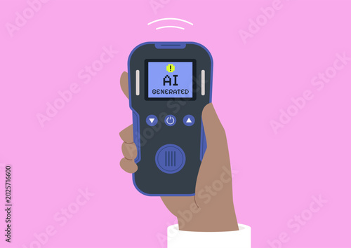 A hand holds a detector against a vibrant pink background, The screen flashes AI Generated, highlighting the growing flood of synthetic content and the challenge of spotting what’s fake online.