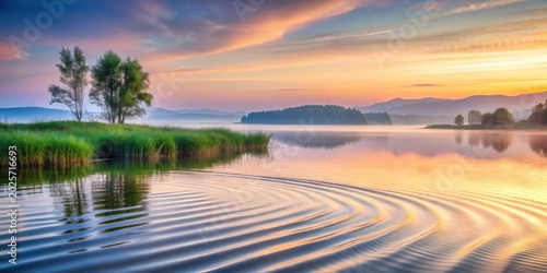 Serene Sunrise Over Still Water, Reflecting Pastel Hues and Gentle Ripples From a Distant Disturbance