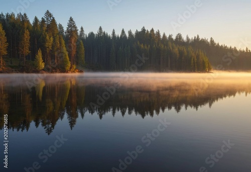 Misty Lake at Sunrise with Pine Forest Reflection
