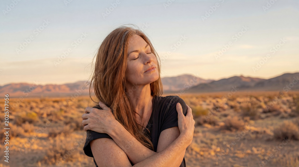 Fototapeta premium Serene mature woman hugging herself with eyes closed in a desert sunset, symbolizing self-love and peace