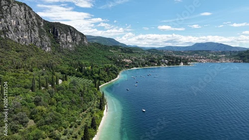 High angle aerial perspective of the old harbor and coastline at Lake Garda Italy