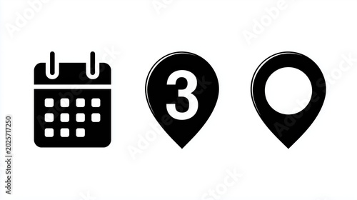 Black calendar icon with squares representing dates, a location pin with number three, and an empty location pin on a white background for scheduling and navigation purposes
