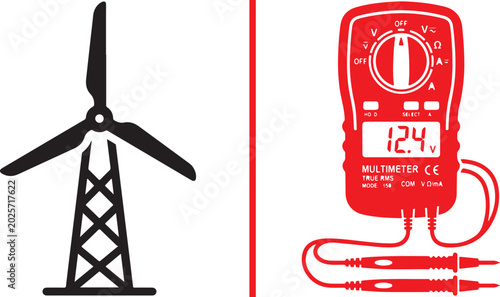 Tableau sur toile Vector icon featuring a black wind turbine on the left side and a red digital multimeter tester on the right side, separated by a vertical red line