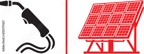 Photos Minimalist vector graphic showing a black welding torch with cables on the left, separated by a vertical red line from a red solar panel array on a ground mount on the right