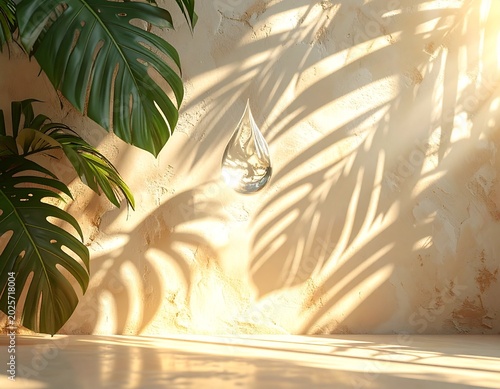 Warm natural light with tropical foliage shadows and suspended clear droplet
