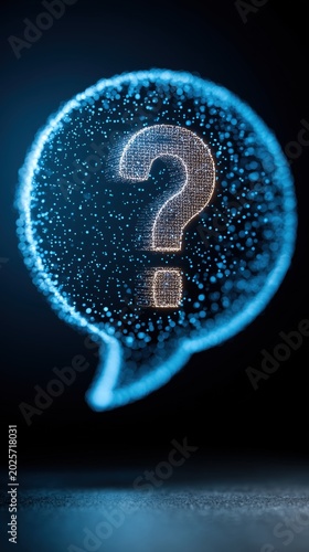 Digital question mark symbol rendered in glowing particles inside a speech bubble shape against a dark background, representing inquiry and communication concepts