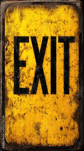 Weathered yellow exit sign with bold black letters displayed on a textured surface, indicating a point of egress in a building or facility