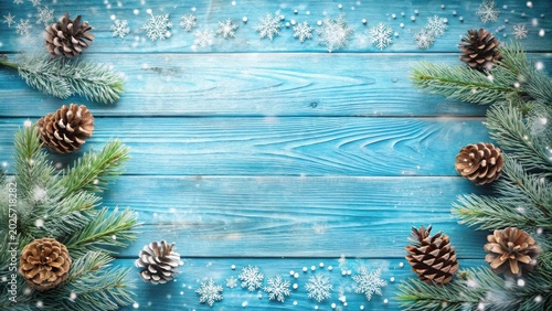 Winter Wonderland Scene Festive Pine Cones and Evergreen Branches on a Blue Wooden Background with Delicate Snowflakes