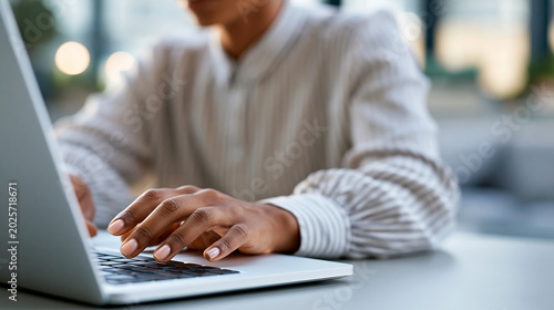Foto Close-up of a hiring recruiter typing on a laptop to screen resumes and compare