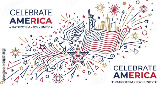American symbols outline a festive celebration graphic for national holidays.