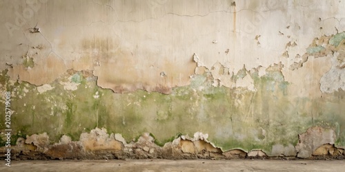 A Weathered Wall with Peeling Paint and Moss Growth, Showing Texture and Age