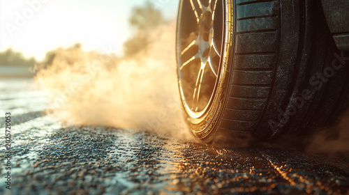 Close-up of Car Tire on Wet Road Stirring Dust with Bright Sunlight