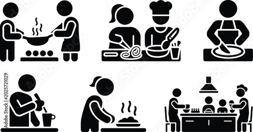Cooking Class and Kitchen Activities Icon Set Featuring Chefs Preparing Food Cutting Ingredients and Dining Vector Pictograms