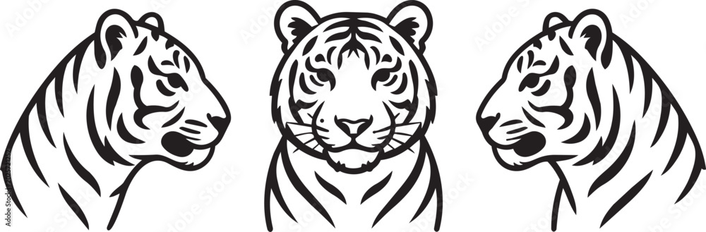 Fototapeta premium Tiger head profile and front view line art set vector illustration.