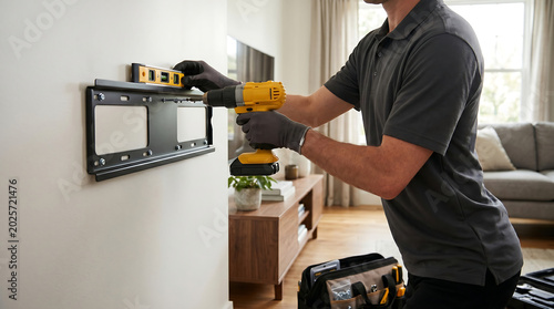 Handyman Using Yellow Cordless Drill and Spirit Level to Mount and Install TV Wall Bracket in Modern Home Living Room