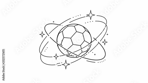 Minimalist Line Art Soccer Ball with Orbiting Rings and Stars