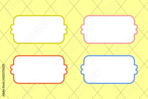 Four colorful blank labels with decorative borders on a patterned yellow background, ideal for custom messages