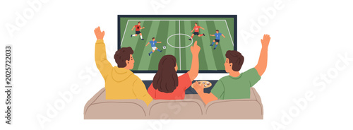 Happy people watching a sports match at home. Friends relaxing with snacks and drinks, cheering and celebrating together. Modern cozy lifestyle illustration for posters, banners 